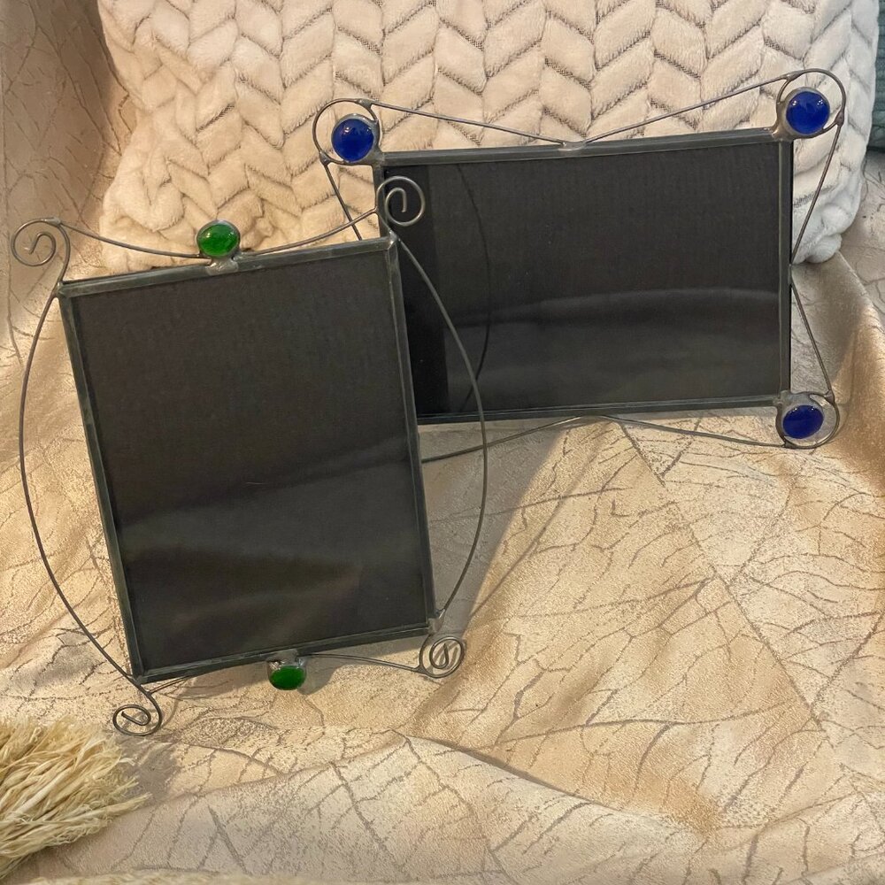 2 pc Diane Markin handmade metal picture frames with colored glass art deco